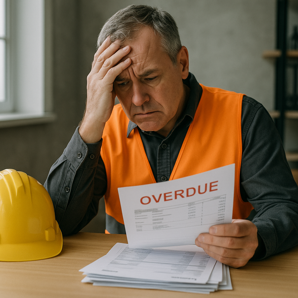 Concerned middle-aged subcontractor in an orange safety vest sitting at a desk, holding his head while reviewing a stack of overdue invoices, with a yellow hard hat nearby — representing subcontractor cash flow problems and payment delays.