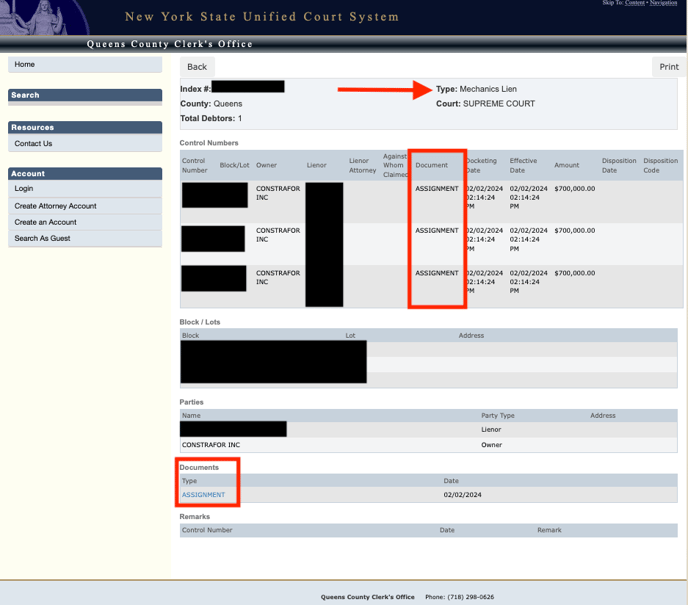 Queens Screenshot - shows type as mechanics lien