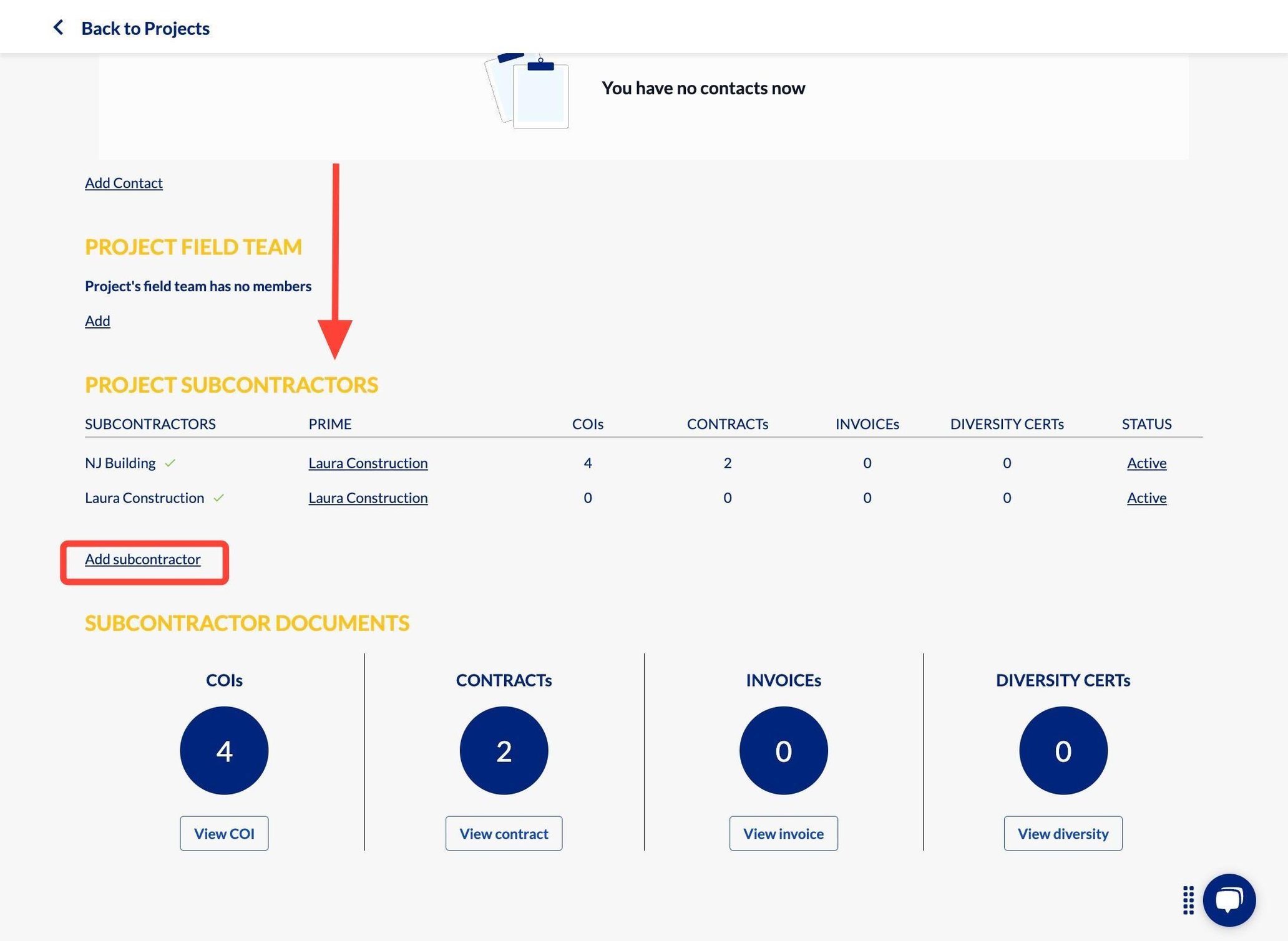 How do I manually add subcontractors to a project?