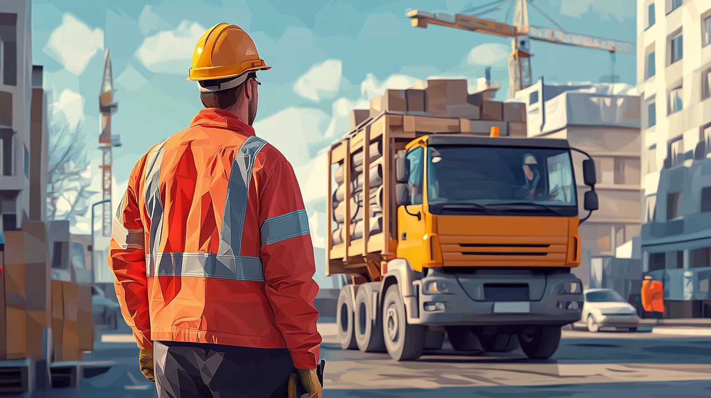 Low-poly editorial illustration depicting a construction worker in an orange hi-vis jacket and yellow hardhat watching a truck arrive on the job site and deliver building materials.